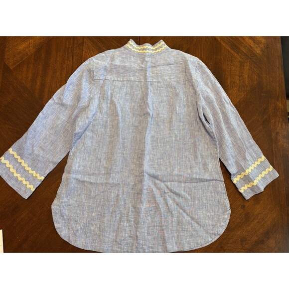 Chico's Women's 100% Linen Tunic Top 3/4 Sleeve Blue Size 2.5 US 14 w/ Rick Rack - Picture 2 of 6